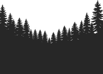 Obraz premium Dense pine forest silhouette landscape with evergreen trees isolated on white background, detailed woodland border vector illustration for nature, outdoor, and rustic design projects