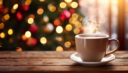 Fototapeta premium Steaming Coffee Cup On Rustic Wooden Table With Blurred Christmas Tree Lights In Background Perfect For Cozy Winter Scenes Holiday Beverage Promotions And Festive Decor Designs