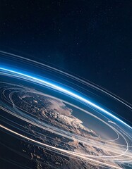 Fototapeta premium Earth's Orbital Symphony: The mesmerizing arc of a satellite's path around Earth, weaving a luminous trail across the canvas of space, symbolizing exploration and connectivity.