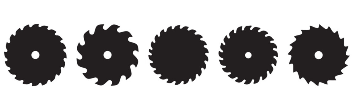 Industrial Circular Saw Blade Icon Set &ndash; Black Silhouette Woodworking, Carpentry and Cutting Tool Vector CollectionWeb