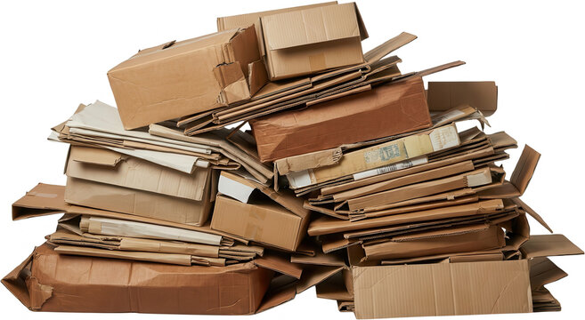 A large messy pile of discarded brown cardboard boxes and paper packaging materials stacked irregularly showing signs of wear and reuse waste recycling trash corrugated delivery