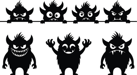 Black silhouettes of scary monster characters and spooky little creatures with horns and sharp teeth isolated on white background for Halloween designs © Shahin