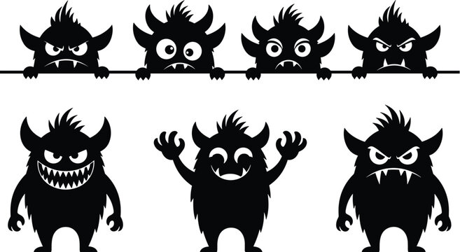 Black silhouettes of scary monster characters and spooky little creatures with horns and sharp teeth isolated on white background for Halloween designs
