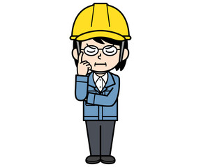 熟考するヘルメットをかぶった現場監督の中年女性