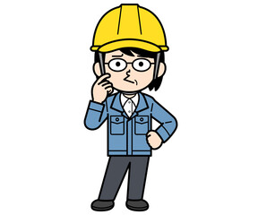 不満顔のヘルメットをかぶった現場監督の中年女性