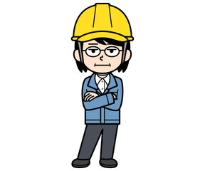 呆れているヘルメットをかぶった現場監督の中年女性