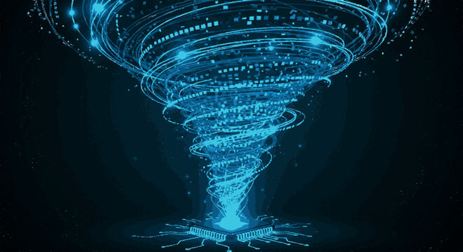Dynamic digital tornado swirling in an abstract futuristic cyberspace with glowing blue lights and data streams