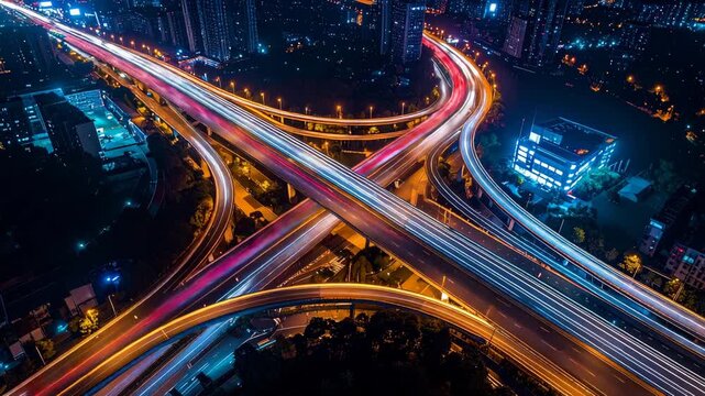 Night aerial view of a complex highway interchange with light trails