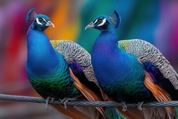 Obraz premium Vibrant peacocks perched together in a colorful urban environment during the daytime