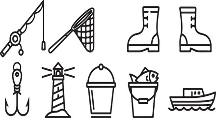 Obraz premium Assorted fishing and boating equipment and accessories displayed in a row Vector