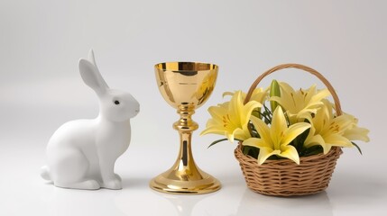 Easter decorations featuring a white rabbit, golden chalice, and basket of yellow flowers