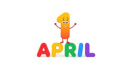 A cheerful pencil character standing on the colorful word april