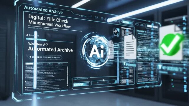 Advanced AI document management system performing digital file verification on a futuristic virtual holographic interface cinematic high tech data processing visualization 4K slow motion footage