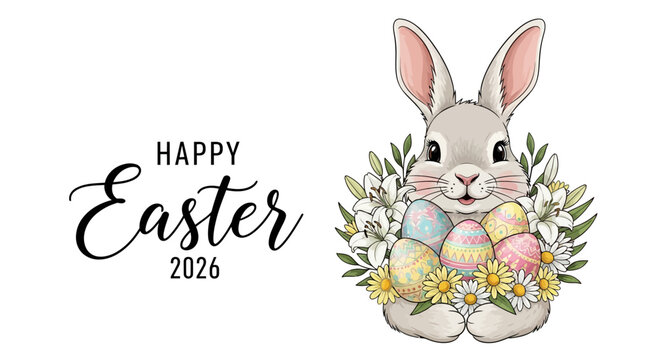 Illustration of a cute Easter bunny holding colorful eggs and surrounded by flowers and leaves with a Happy Easter 2026 greeting on a white background.