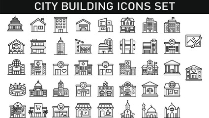 City building icons set, urban architecture landmarks, public institutions, hospital school bank stadium, religious temples, commercial stores, editable stroke line vector illustration © Mahadi's World
