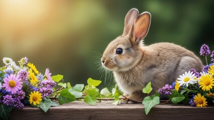 Springtime Bunny and Bloom: A charming bunny poses amidst a vibrant display of colorful blooms, capturing the essence of spring's renewal and the gentle spirit of nature.