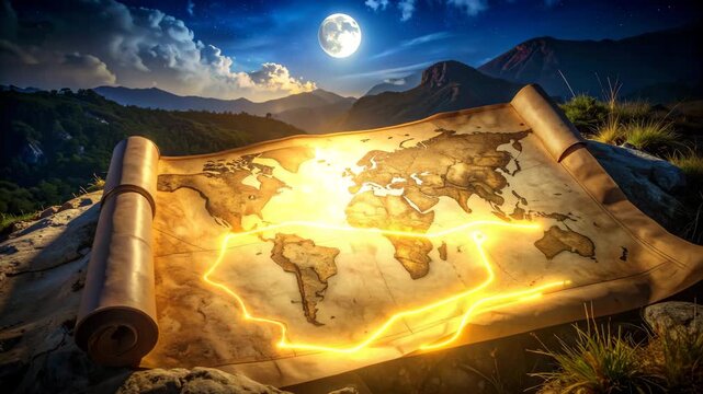 A glowing map of the world unrolled on a mountain at night, moon in sky