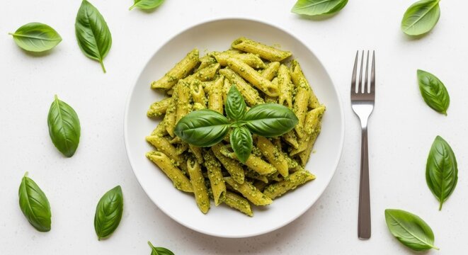 Pasta Delight: An overhead shot showcases a plate of vibrant pasta, adorned with fresh basil leaves, next to a stainless steel fork, exuding an inviting and appetizing appeal.