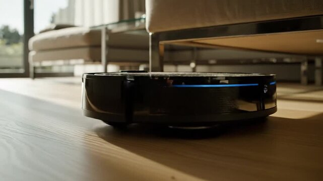 Cinematic view of an autonomous robotic vacuum cleaner operating in a modern contemporary living room interior, sleek intelligent smart home appliance scrubbing wooden parquet floor surface.