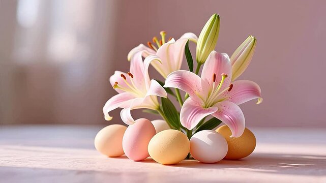 Pink lilies and colored eggs on table