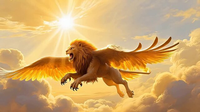 Mythical lion with wings soaring in sky