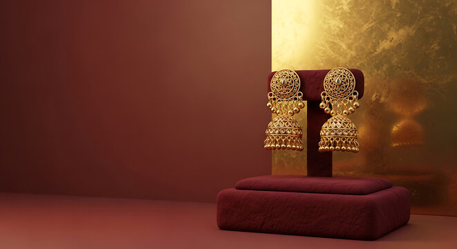 Elegant gold jhumka earrings on velvet display