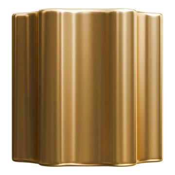 Gold fluted cylinder abstract shape and glossy metallic corrugated column graphic art object, 3d illustration