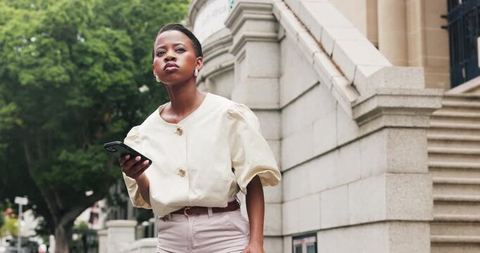 Waiting, mobile or business woman on city street, digital lift request or transport service for travel. Check trip price, courthouse or African lawyer with phone to track arrival, book ride or search