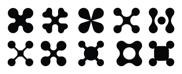 Fototapeta premium Abstract metaball figures. Metaball dot shapes, y2k connected round blobs icons flat vector illustration set. Liquid molecule shapes