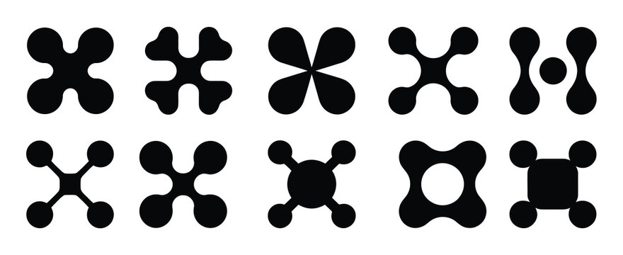 Abstract metaball figures. Metaball dot shapes, y2k connected round blobs icons flat vector illustration set. Liquid molecule shapes