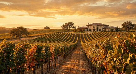 Vineyard landscape with luxury estate at sunset