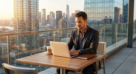 Businessman working on laptop on city rooftop balcony