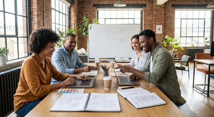 Diverse creative team collaborating in modern loft office