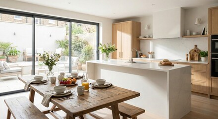 Modern open plan kitchen with wooden dining table