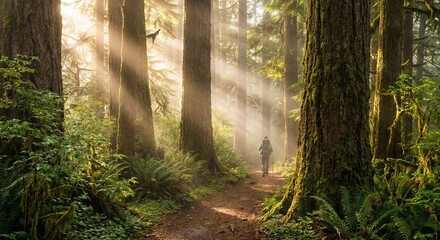 Hiker on forest trail with dramatic sunbeams