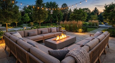 Modern Luxury Patio with Outdoor Fire Pit and Sectional Sofa