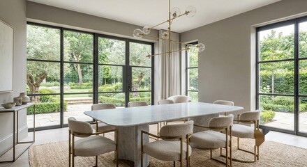 Modern luxury dining room marble table garden view