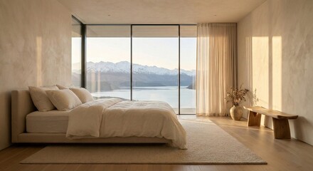 Minimalist Luxury Bedroom with Mountain Lake View