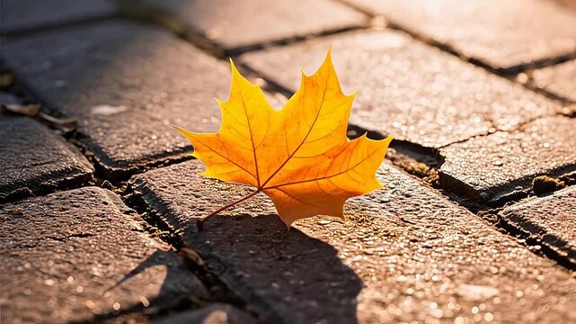 Autumn leaf on stone pavement