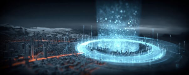 Obraz premium A valley megastructure built to secure civilization employs integrated security monitoring, reinforced protection ramparts, and a glowing shield sustaining safety amid societal risk and warning