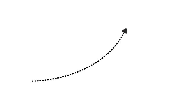 Arrow animation following a wavy dotted line, 4k video of black arrow on green screen Curved dotted line arrow animation to the right on a white background,4k video animation.