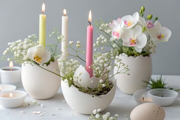 A beautiful, soft focus still life arrangement showcases three decorative eggshell planters, each gently cradling a delicate bloom of white orchid or baby's breath, alongside slender lit candles in pa
