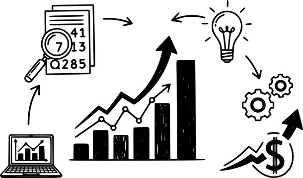 Hand drawn doodle style data analysis and financial growth visualization featuring charts and graphs for business planning presentations and report