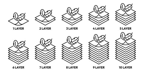 Fabric with feather filler icon set. Layer 1, 2, 3, 4, 5, 6, 7, 8, 9, 10. High comfort structure, less weight, sensitive skin, comfort fabric softener icons, label, logo, line, vector, illustration. © IQ art_Design