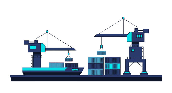 : Industrial cargo port with cranes loading containers onto a ship
