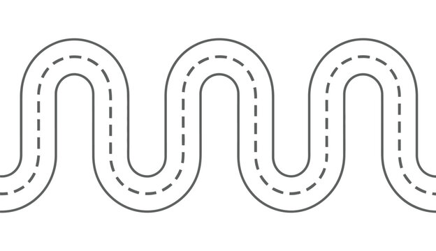 Simple black and white vector illustration graphic design of a winding road or racetrack path with dashed lane markings.