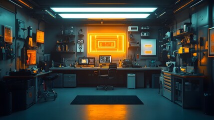 Interior view of a high-tech laboratory or workshop illuminated by neon and fluorescent light fixtures