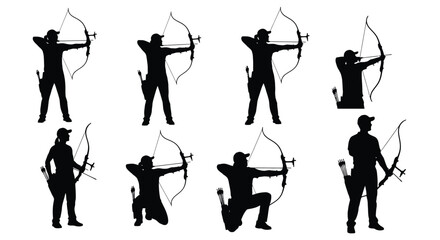 Silhouettes of archers demonstrating various shooting techniques and poses © Pk vectors studio