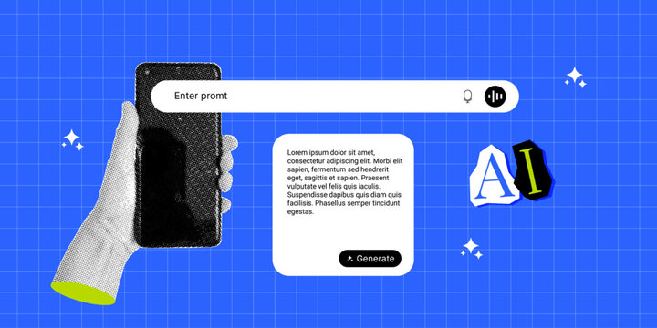AI search interface on smartphone with result window enter prompt in retro halftone collage style. Artificial intelligence technology banner. Vector illustration