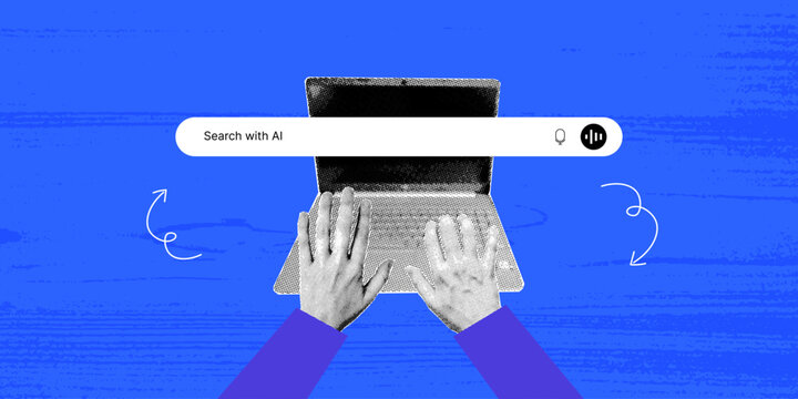 Artificial intelligence banner with human hands typing search on laptop with AI technology concept in retro halftone collage style. Contemporary vector illustration art